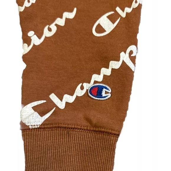 CHAMPION Burnt Orange All-Over Logo Graphic Print Fleece Hoodie Sweatshirt MED - Picture 8 of 9